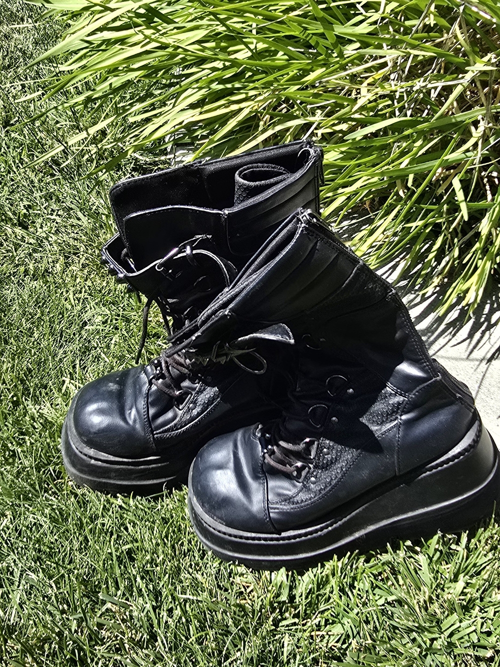 Demonias Women's Black Platform Lace-Up Moto Combat Boots